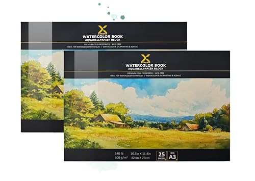 Premium Aquarellblock 300g/m² I 25 Seiten I Archivierbare Qualität I Perfekte Vielseitigkeit für lebendige Kunstwerke I Ideal für Aquarell, Gouache, Tempera & Acryl (A3 Doppel Sparpack) von DynamiX