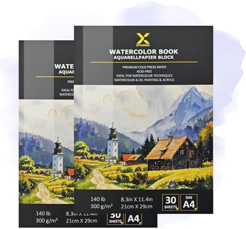 Premium Aquarellblock 300g/m² I 30 Seiten I Archivierbare Qualität I Perfekte Vielseitigkeit für lebendige Kunstwerke I Ideal für Aquarell, Gouache, Tempera & Acryl (A4 Dopple Sparpack) von DynamiX