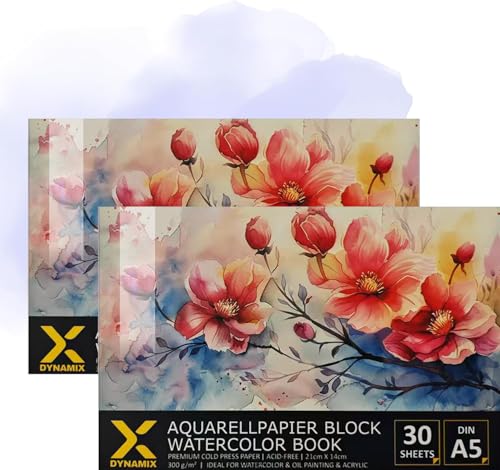 Premium Aquarellblock 300g/m² I 30 Seiten I Archivierbare Qualität I Perfekte Vielseitigkeit für lebendige Kunstwerke I Ideal für Aquarell, Gouache, Tempera & Acryl (A5 Doppel Sparpack) von DynamiX