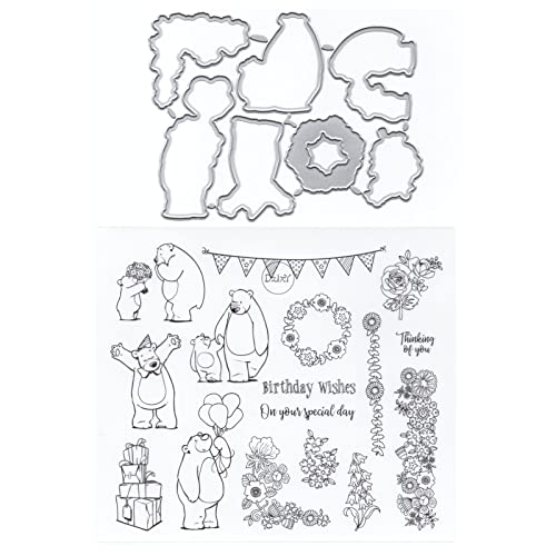 DzIxY Geburtstagsbär, transparente Stempel und Metall-Stanzformen-Sets für Kartenherstellung, Scrapbooking, Papierbedarf, Dichtungen, Aufbewahrungstaschen von DzIxY
