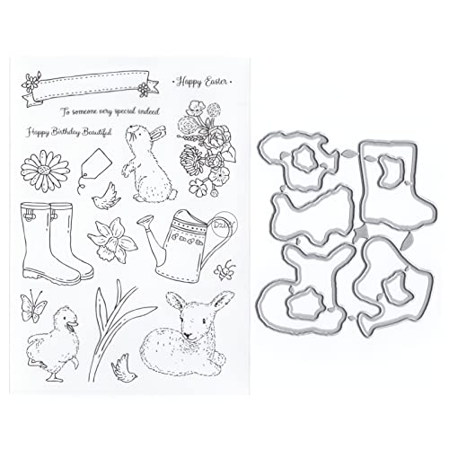 DzIxY Kaninchen-Blumen-Wasserkocher, transparente Stempel und Metall-Stanzformen-Sets für Kartenherstellung, Scrapbooking, Papierbedarf, Dichtungen, Aufbewahrungstaschen von DzIxY