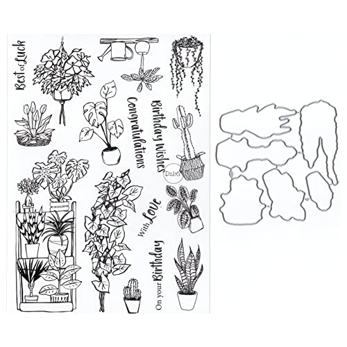 DzIxY Stanzformen-Set mit Topfblumen, transparente Stempel und Metall, für Kartenherstellung, Scrapbooking, Papierbedarf, Dichtungen, Aufbewahrungstaschen von DzIxY