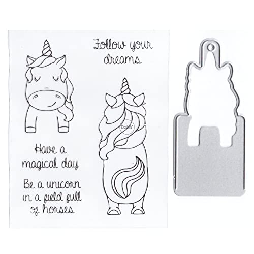 DzIxY Unicorns Words Clear Stamps and Metal Cutting Dies Sets for Card Making Scrapbooking Paper Supplies Silicone Seals storage Pockets von DzIxY
