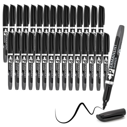 Permanent Marker, 30 Schwarze Permanentmarker Fein, Wasserfeste, Lichtbeständige, Schnelltrocknende Marker Arbeiten auf Holz, Stein, Metall, Kunststoff und Glas zum Kritzeln, Ausmalen und Markieren von Dzpuhuojz
