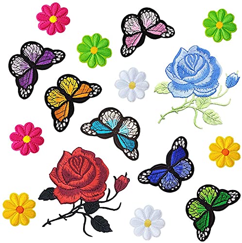 Bügelbilder, 16 Stück Patches zum Aufbügeln Aufnäher Blumen Schmetterling Aufnähen Patches für DIY Craft Decor Hüte Shirts Jeans Rucksack Schuhe Tasche von Dzxin