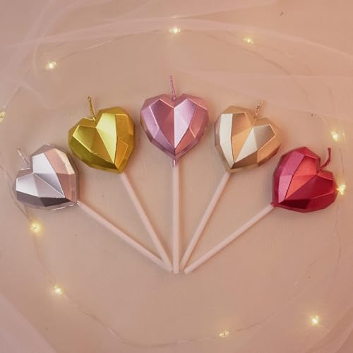 Dzxin Herzförmige Geburtstagskerzen, 6 Pcs Birthday Cake Candle Geburtstagskerze Für Torte, Metallic Herzförmige Kuchenkerzen für Dekorative Geburtstagstorte, Hochzeit Party(5 Farben) von Dzxin
