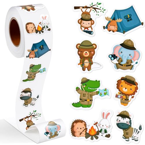 Tier Aufkleber, 1 Rolle Belohnungsaufkleber, Aufkleber Kinder, Motivierende Aufkleber für Geburtstag, Babyparty, Lehrerbelohnung und Dekoration, 500 Stück pro Rolle,Animal Stickers (Campingtiere) von Dzxin