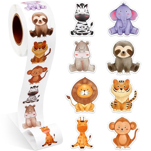 Tier Aufkleber, 1 Rolle Belohnungsaufkleber, Aufkleber Kinder, Motivierende Aufkleber für Geburtstag, Babyparty, Lehrerbelohnung und Dekoration, 500 Stück pro Rolle (Dschungeltiere),Animal Stickers von Dzxin
