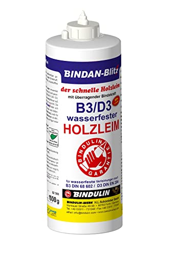 BINDAN-Blitz Holzleim-D3/ B3 ist ein schadstofffreier, hochwertiger Kunstharzleim für wasserfeste Verleimungen 20% schneller inkl. Pinsel von E-Com24 (Bindan Blitz 1000 ml) von Bindulin