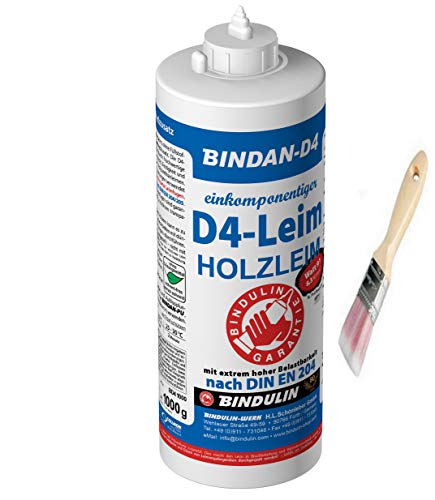 Holzleim Kunstharzleim BINDAN-D4 (1-Komponenten-D4-Leim) 1000 g Flasche inkl. Leimpsachtel und Pinsel von E-Com24 (BINDAN-D4 1000 ml) von Bindulin