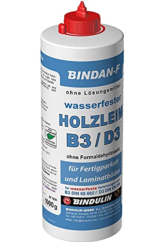 BINDAN-F Holzleim Wasserfest B3/D3-Weißleim Universell Einsetzbar, Inkl. Leimspachtel und Pinsel von E-Com24 (1000 g Flasche) von Bindulin