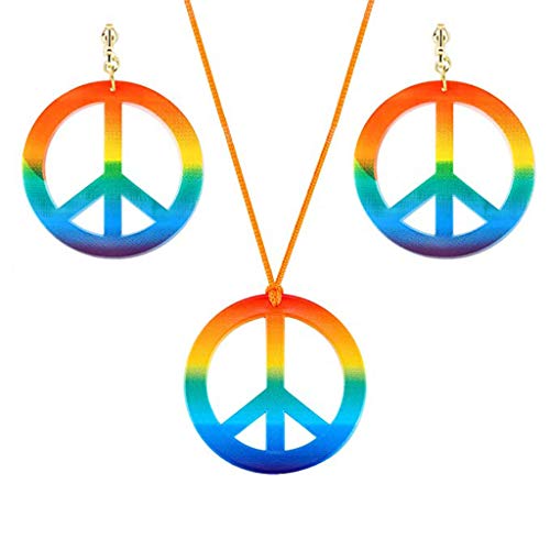 E-HONER Hippie Kostüm Jewerly Set 60er 70er Jahre Regenbogen Friedenszeichen Anhänger Halskette Ohrringe von E-HONER