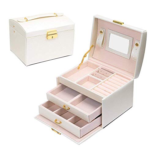 E-MANIS Schmuckkasten, Kosmetik Schmuckschatulle, 3 lagige Schublade mit Spiegel und Schloss, Reise-Box, für Ringe, Armbänder, Ohrringe, Halsketten, Geschenk für Frauen - Weiß E-MANIS Schmuckkasten, Kosmetik Schmuckschatulle, 3 lagige Schublade mit Spiegel und Schloss, Reise-Box, für Ringe, Armbänder, Ohrringe, Halsketten, Geschenk für Frauen - Weiß von E-MANIS