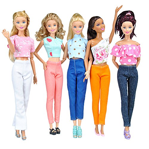 E-Ting Kleidung für Barbie-Puppen, 7 Sets = 14 Teile – 7 x Oberteile, 7 x Hosen von E-TING