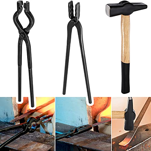 Schmiedezange + Hammer Set Messer machen Zange Wolfsbacken V-Bit Zange Starter Anfänger Klingen Metallarbeiten Schmiedearbeit Amboss Werkzeug 000811-1000 (3 Stück) von E-cowlboy