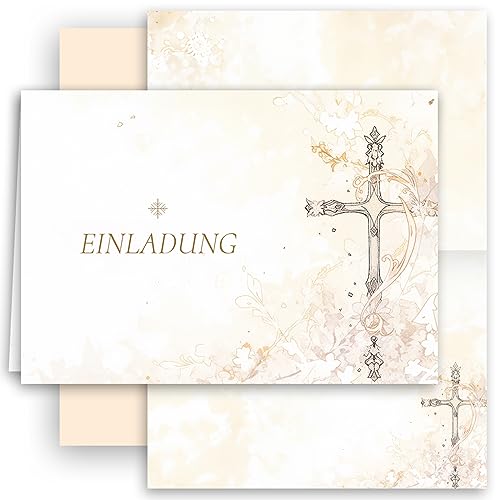 10 Einladungskarten mit Umschlag Einladung Klappkarten Karten stilvoll kreuz Aquarell zart zur Taufe Kommunion Konfirmation Firmung beige Gold Mädchen und Jungen zum selbst gestalten von E&G Klasse