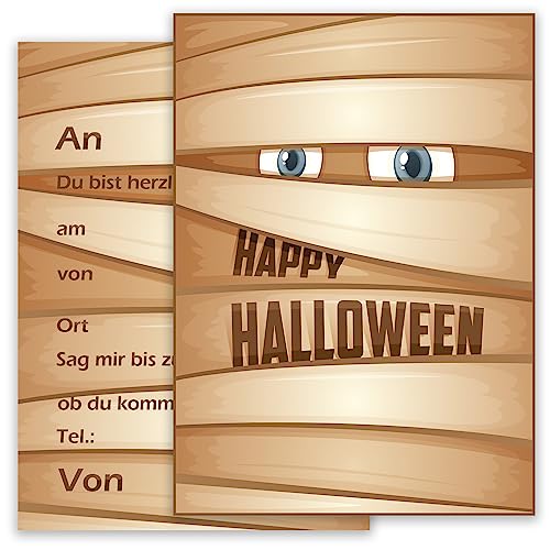 10 Halloween Karten Einladungskarten Einladung Jungen Mädchen Kinder Party Motiv Halloweenparty Grusel Party Mumie Set beige von E&G Klasse