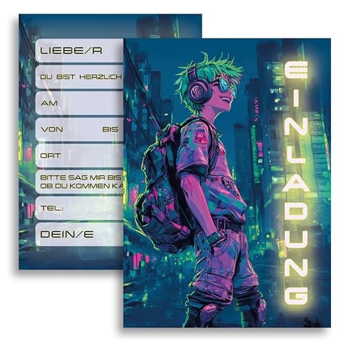 10 Kinder Einladungskarten Einladung Kindergeburtstag Neon City Vibes Boy Jungen und Mädchen Kinder-Geburtstag Geburtstag Party Einschulung 5 6 7 8 9 10 11 12 13 14 von E&G Klasse