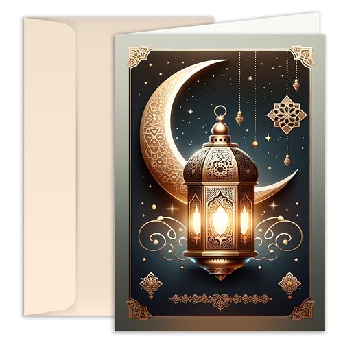 10 Ramadan Kareem Klappkarten mit Umschlag Licht in der Nacht Grusskarten Eid Mubarak Danksagungskarten Zuckerfest Feier Mond Laterne grau schwarz gold von E&G Klasse