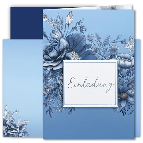 10x Einladungskarten Klappkarten Set Blumen Elegant Blau mit Umschlägen A6 Einladung Geburtstag Hochzeit Feier Party von E&G Klasse