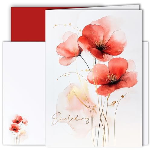 10x Einladungskarten Klappkarten Set Mohnblumen Elegant Rot A6 mit Umschlägen Einladung Geburtstag Hochzeit Feier von E&G Klasse