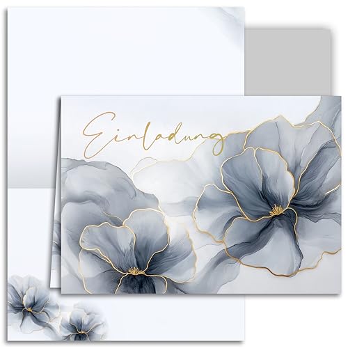 10x Einladungskarten Klappkarten mit Umschlägen Blumen Grau Gold Elegant Floral Hochzeit Geburtstag Jubiläum Party Erwachsene A6 Format von E&G Klasse