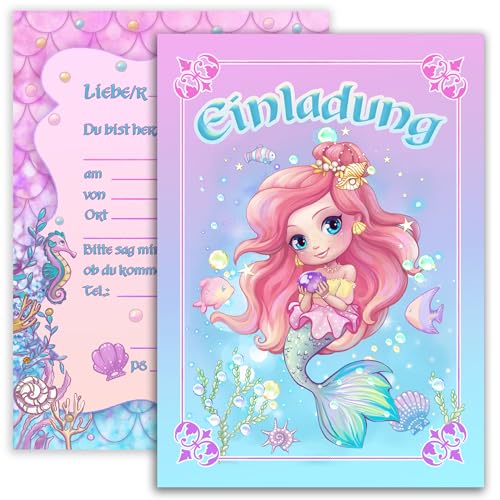 10x Einladungskarten Meerjungfrau Kindergeburtstag A6 Set Einladungen Mädchen Karte rosa lila pink bunt Unterwasserwelt Neon Design Meerjungfrauen Party Einladung von E&G Klasse