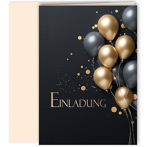 10x Einladungskarten Schwarz Gold Luftballons mit Umschlägen Klappkarten Einladung Männer Erwachsene Party Geburtstag Umschläge elegant Hochzeit Jubiläum 20 30 40 50 60 70 80 90 Luftballon von E&G Klasse