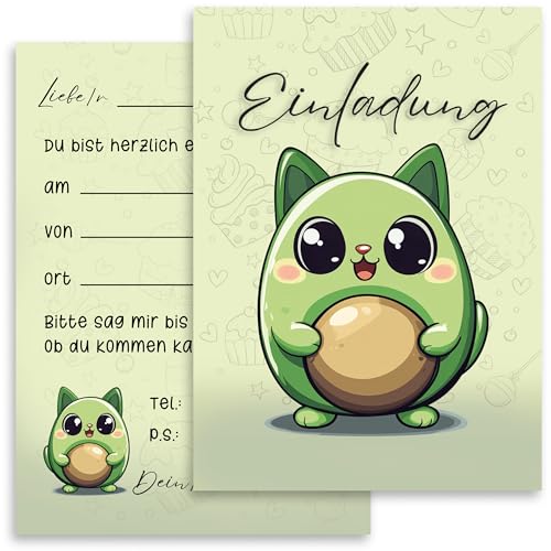 10x Kinder Einladungskarten Einladung Kindergeburtstag Avocado Katze Party Katzen Mädchen Jungen Geburtstagsfeier Geburtstag Einschulung Avokätzchen von E&G Klasse