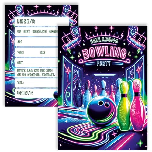 10x Kinder Einladungskarten Einladung Kindergeburtstag Bowling A6 Doppelseitig Neon Blau Grün Lila Rosa Party Spiel Geburtstag Einschulung Einladungen Geburtstagsparty Geburtstagseinladungen von E&G Klasse