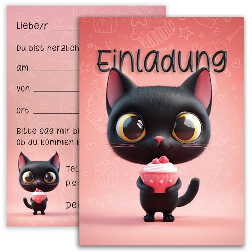 10x Kinder Einladungskarten Einladung Kindergeburtstag Katzen Party Katze Mädchen Jungen Geburtstagsfeier Pink Rosa Schwarz mit Muffin Cupcake Geburtstag Einschulung von E&G Klasse