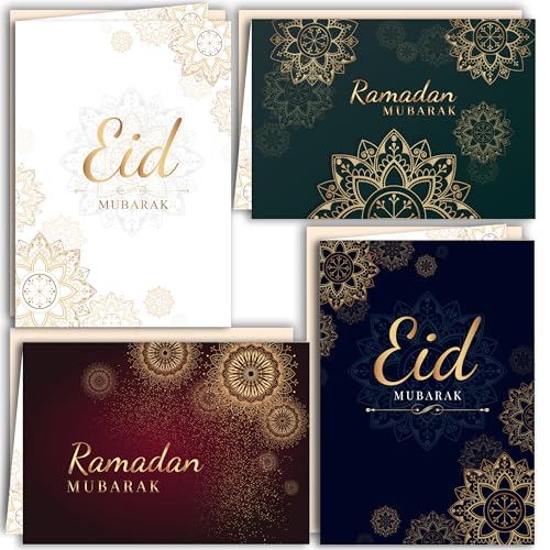 12 Ramadan Eid Mubarak Grußkarten Klappkarten mit Umschlag Danksagungskarten Eiladungskarten Zuckerfest Feier Mond Laterne weiß gold von E&G Klasse