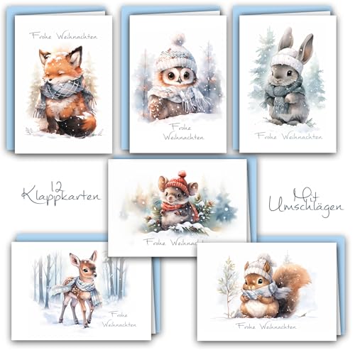 12 Weihnachtskarten Set Klappkarten mit Umschlägen a6 Karte Karten Umschlag glanz Frohe Weihnachten Merry Christmas xmas Aquarell Waldtiere Reh Fuchs Hase Eule Eichhörnchen Maus von E&G Klasse