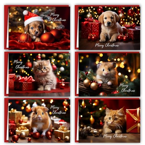 12 Weihnachtskarten Set Klappkarten mit Umschlägen a6 Karte Karten Umschlag glanz Frohe Weihnachten Merry Christmas xmas Rot Tiere Hund Katze Maus Welpen Kätzchen Meerschweinchen von E&G Klasse