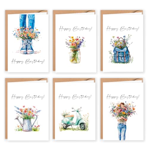 12er Geburtstagskarten Set mit Umschlägen in Kraftpapier Optik Glückwunschkarten Geburtstagskarten Klappkarten mit Umschlag Aquarell Zarte Wildblumen Happy Birthday für Erwachsene Mann Frau von E&G Klasse