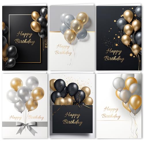 12er Geburtstagskarten Set mit Umschlägen Glückwunschkarten Geburtstagskarten Klappkarten mit Umschlag Luftballon Weiß Schwarz Gold Happy Birthday für Erwachsene Mann Frau von E&G Klasse