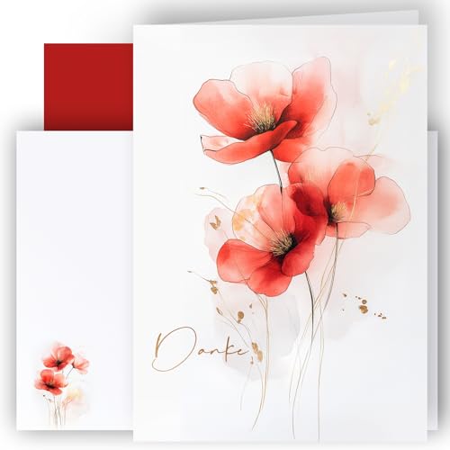 E&G Klasse 10x Dankeskarten Mohnblume mit Umschlägen Erwachsene A6 Rot Weiß Danksagungskarte Blumen Motiv Klappkarte Aquarell Abschied Trauer Geschenk Danke von E&G Klasse