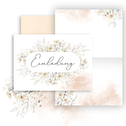 E&G Klasse 10x Einladungskarten Blumen mit Umschlägen Frau Erwachsene A6 Beige Klappkarten Einladungskarte Feier Hochzeit Geburtstag Jubiläum zum Beschriften von E&G Klasse