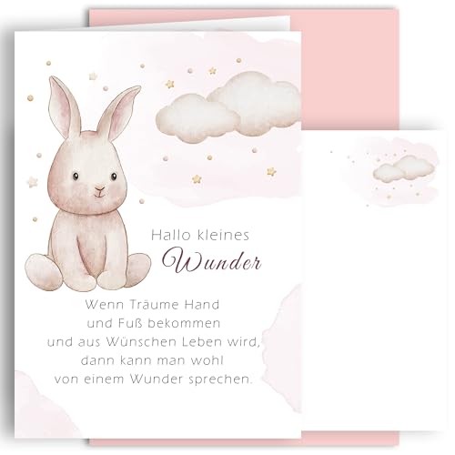 E&G Klasse Geburtskarte zur Geburt Klappkarte A6 mit Umschlag Babykarte Mädchen Junge Spruch Hase Rosa Wund Geschenk Neugeborenes Baby Willkommenskarte hochwertig Made in Germany von E&G Klasse