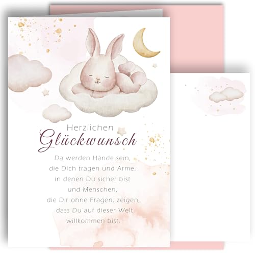 E&G Klasse Geburtskarte zur Geburt Klappkarte A6 mit Umschlag Babykarte Mädchen Junge Spruch Hase auf einer Wolke Rosa Wund Geschenk Neugeborenes Baby Willkommenskarte hochwertig Made in Germany von E&G Klasse