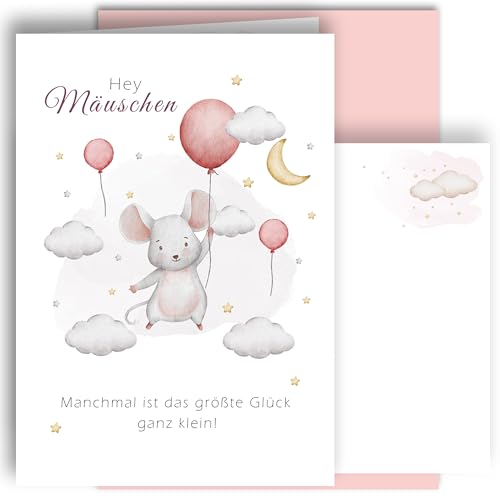 E&G Klasse Geburtskarte zur Geburt Klappkarte A6 mit Umschlag Babykarte Mädchen Junge Spruch Maus mit Luftballon rosa Geschenk Neugeborenes Baby Willkommenskarte hochwertig Made in Germany von E&G Klasse