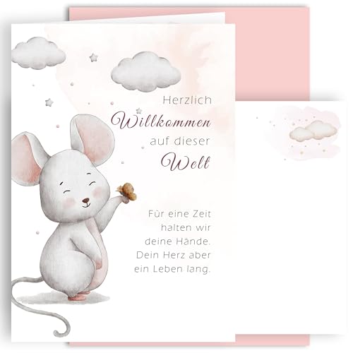 E&G Klasse Geburtskarte zur Geburt Klappkarte A6 mit Umschlag Babykarte Mädchen Junge Spruch Maus rosa Geschenk Neugeborenes Baby Willkommenskarte hochwertig Made in Germany von E&G Klasse