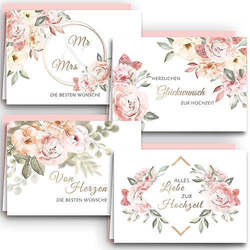 Hochzeit Glückwunschkarten 4er Set Rosen Aquarell mit altrosa Umschlägen Klappkarten elegante und moderne Hochzeitskarten von E&G Klasse