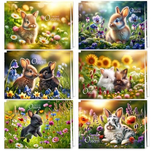 Osterkarten mit Umschlag Frühlingszauber 12er-Set aufklappbare Frohe Ostern Grußkarten im A6 Format Klappkarten mit süßen Hasen auf einer Wiese Frohe Ostern Kartenset Umschlag hochwertig von E&G Klasse