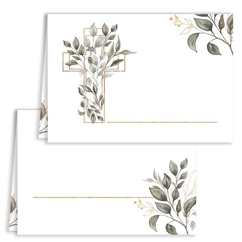 Tischkarten Namenskarten 25 Stück zum Beschriften Blanko Tischkärtchen mit Kreuz und Blättern Grün Kommunion Konfirmation Firmung Taufe Hochzeit Geburtstag Feier Jubiläum Weiß Blätter mit Gold von E&G Klasse