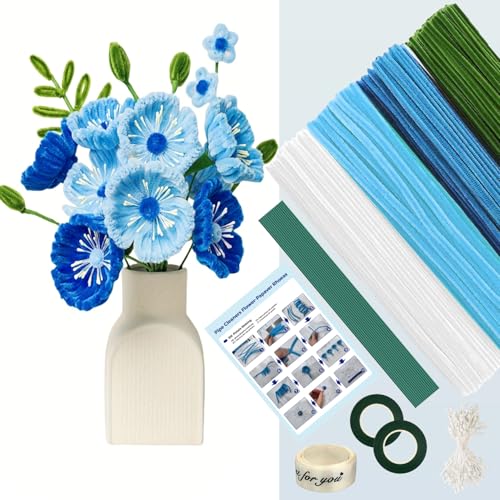 E·Durable Pfeifenputzer Zum Basteln 400 Stück, 4 Verschiedene Pfeifenreiniger Blumen Set mit Geschenkband, Klebebandrollen, Blumendraht, für Kreative DIY-Projekte, Geschenke und Dekorationen (Blau) von E·Durable