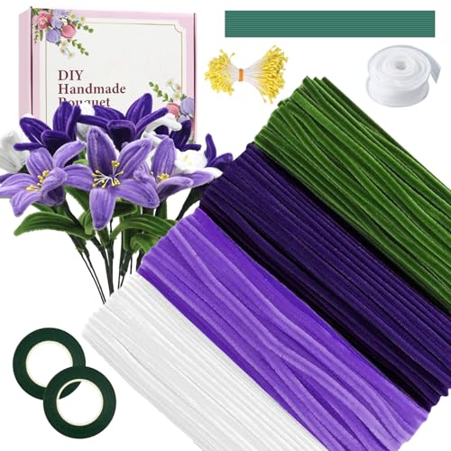 E·Durable Pfeifenputzer zum Basteln, 400 Stück 4 Farben Pipe Cleaner Flower Set mit 20 Stück Grünem Bastelfaden mit Geschenkband, Klebebandrollen, Anleitungen, Packpapier, Staubgefäße (Lila) von E·Durable
