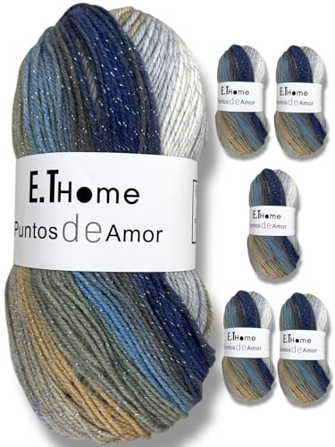 E.THOME Set mit 6 Knäueln x 75 g Premium-Wolle glänzend blau mit normalem Garn ohne Knoten oder Kugeln Wolle zum Häkeln, zwei Nadeln, Diy, dickes Garn zum Häkeln, Erstellen von Kunst. Verwandeln Sie von E.THOME