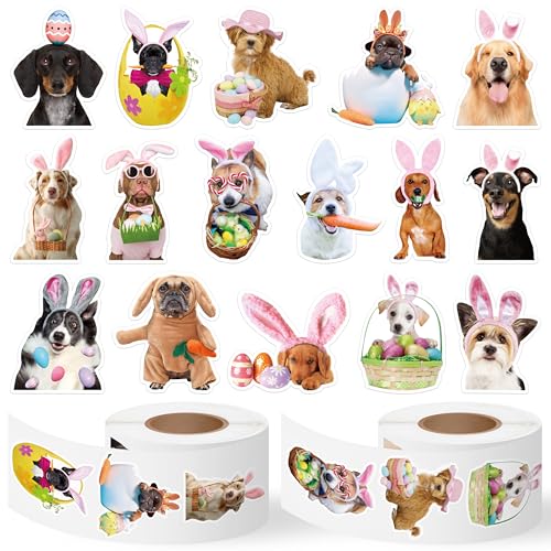 E1mity Osteraufkleber Rolle Niedlicher Hund, 1000 Stück Realistische Hasenhunde Aufkleber, 16 Stile Hasen Eier Belohnungs Sticker Wasserdichtes für Kinder Party Dekor Bag Filler Favours Geschenk von E1mity