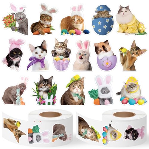 E1mity Ostern Aufkleberrolle Niedliche Meme, 1000 Stück Realistische Hasen Katzen Sticker, 16 Stile Hasen Eier Karotten Belohnungsaufkleber Rolle für Kinder Party Dekor Bag Filler Favours Geschenk von E1mity
